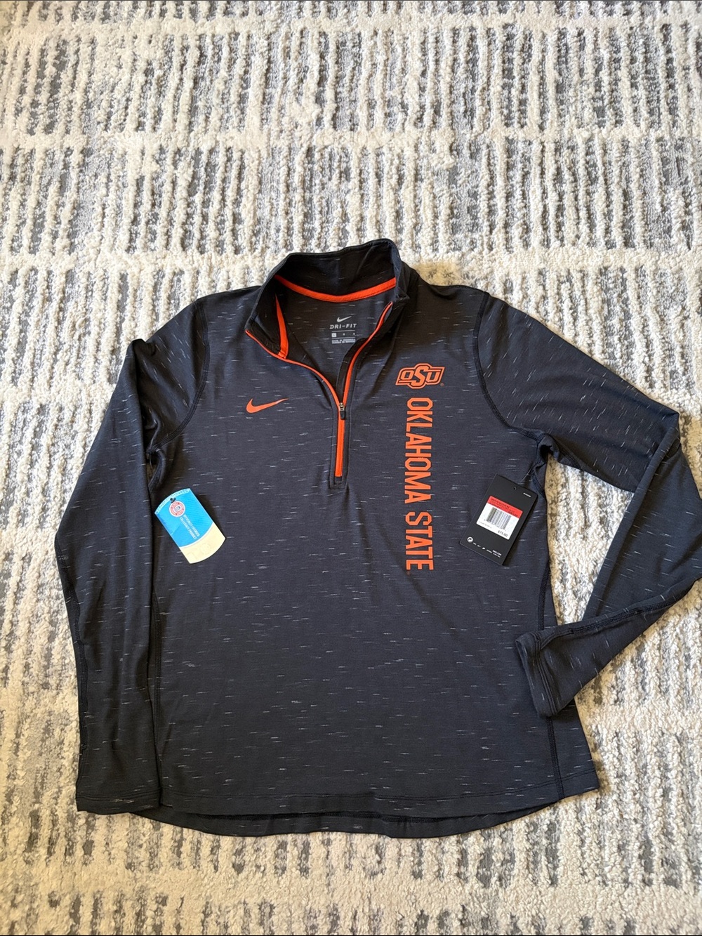 Nike Womenโs Black and Orange Oklahoma State Dri Fit Half-Zip Pullover
